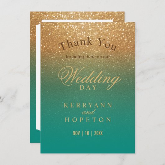 Blauwgroen en Gold Glitter - Hartelijk dank Bedankkaart (Voorkant / Achterkant)