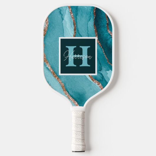 Blauwgroen en Gold Glitter-Waterverf op maat Pickleball Paddle (Voorkant)