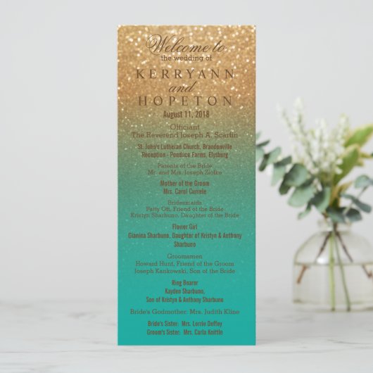 Blauwgroen en Gold Glitter Wedding Ceremony Progra Programmakaart (Staand voorkant)