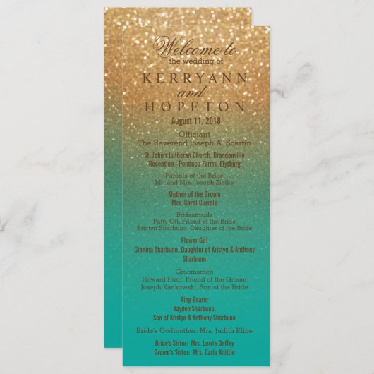 Blauwgroen en Gold Glitter Wedding Ceremony Progra Programmakaart (Voorkant / Achterkant)