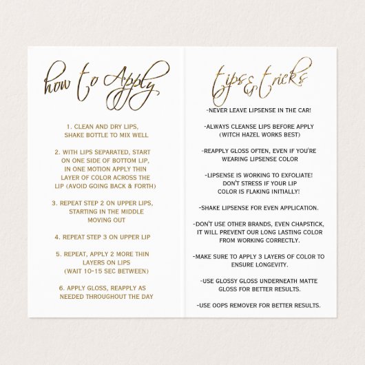 Blauwgroen en Gold Lipsense-instructies Visitekaartje (Binnenkant ongevouwen)