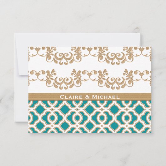 Blauwgroen en Gold Moroccan Wedding Response-kaart RSVP Kaartje (Achterkant)