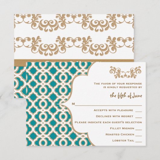 Blauwgroen en Gold Moroccan Wedding Response-kaart RSVP Kaartje (Voorkant / Achterkant)