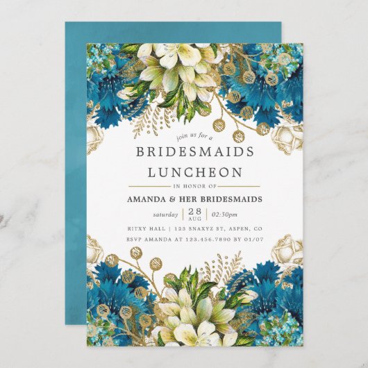 Blauwgroen en Gold Shabby-Chic Bridesmaids Luncheo Kaart (Voorkant / Achterkant)