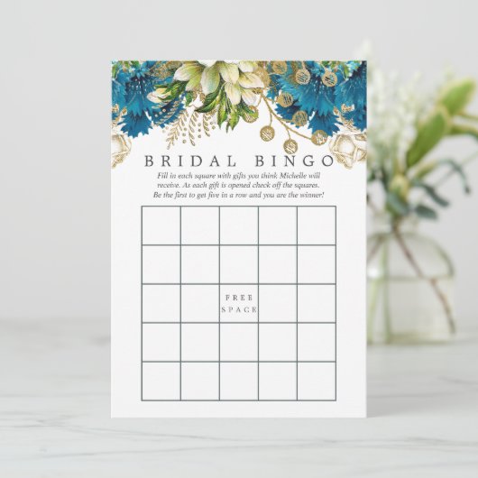 Blauwgroen en Gold Shabby Vrijgezellenfeest Bingo Kaart (Staand voorkant)