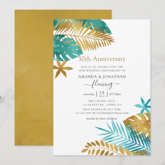 Blauwgroen en Gold Tropical 50th Wedding Jubileum Kaart (Voorkant / Achterkant)