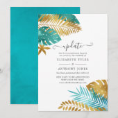 Blauwgroen en Gold Tropical Wedding Update Kaart (Voorkant / Achterkant)