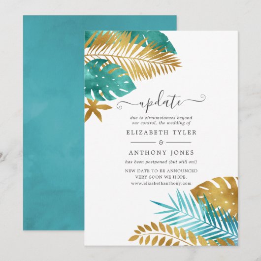 Blauwgroen en Gold Tropical Wedding Update Kaart (Voorkant / Achterkant)