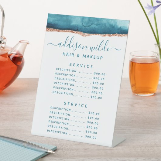 Blauwgroen en Gold Waterverf-serviceprijs Reclamebord Met Voetstuk (Insitu)