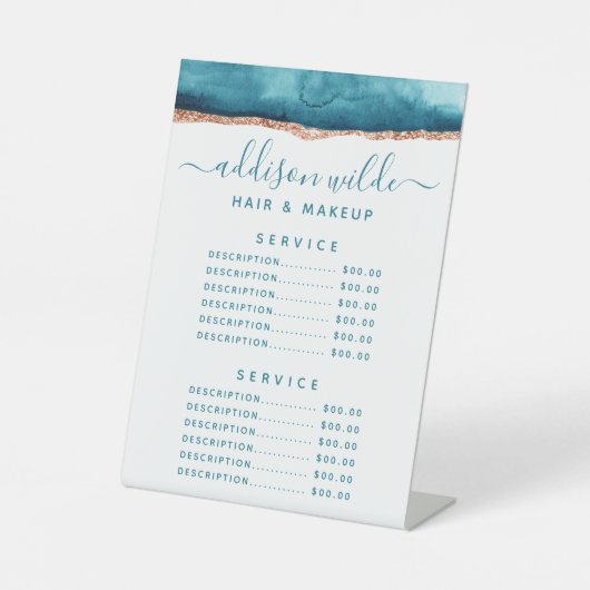 Blauwgroen en Gold Waterverf-serviceprijs Reclamebord Met Voetstuk (Voorkant)