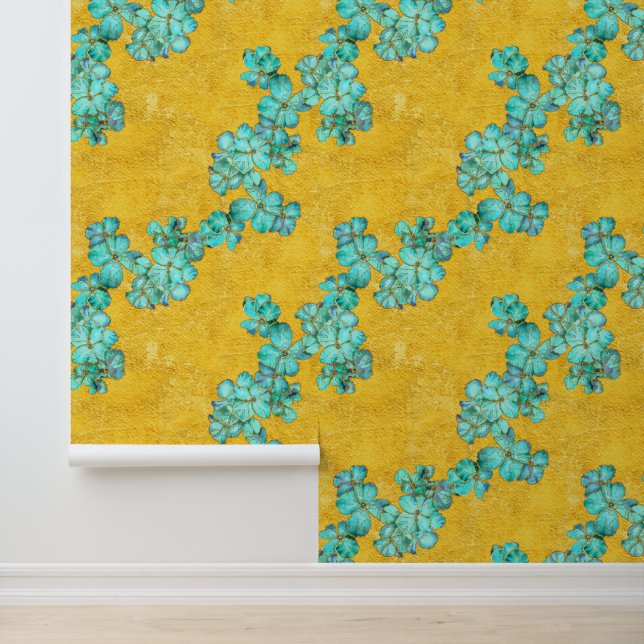 Blauwgroen en Golden Floral Behang (Applicatie)