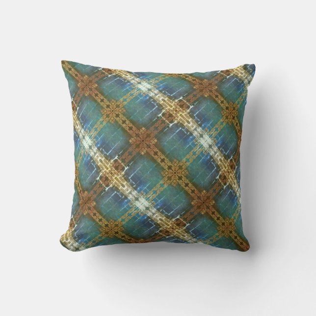 Blauwgroen en Golden Plaid Modern Plaid Kussen (Voorkant)