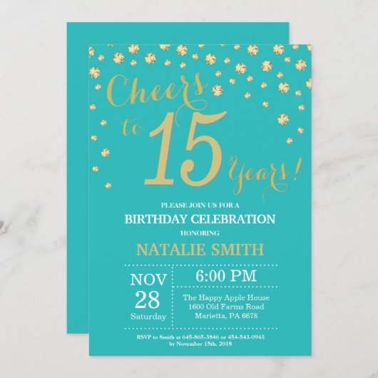 Blauwgroen en goud 15e verjaardag Diamond Kaart (Voorkant / Achterkant)