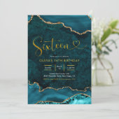 Blauwgroen en goud Agate 16e verjaardag Uitnodigin Kaart (Staand voorkant)