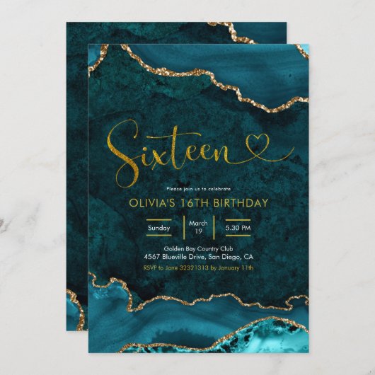 Blauwgroen en goud Agate 16e verjaardag Uitnodigin Kaart (Voorkant / Achterkant)