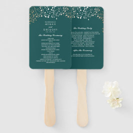 Blauwgroen en Goud | Baby's Breath bruiloft progra Handwaaier