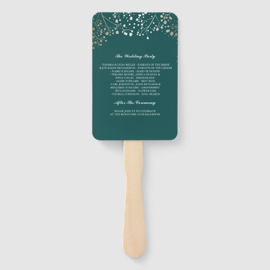 Blauwgroen en Goud | Baby's Breath bruiloft progra Handwaaier (Achterkant)