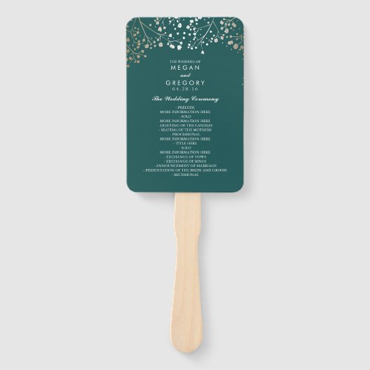 Blauwgroen en Goud | Baby's Breath bruiloft progra Handwaaier (Voorkant)