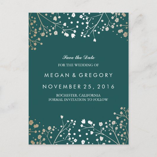 Blauwgroen en goud Bewaar de datum Aankondigingskaart (Voorkant)