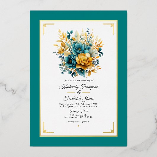 Blauwgroen en Goud Bloemen Bruiloft Folie Uitnodig Folie Uitnodiging (Voorkant)