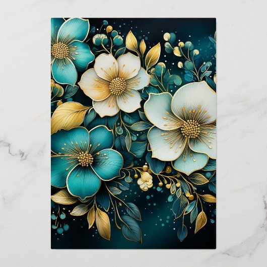 Blauwgroen en Goud Bloemen Bruiloft Folie Uitnodig Folie Uitnodiging (Achterkant)