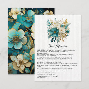 Blauwgroen en Goud Bloemen Bruiloft Gast Details Informatiekaartje