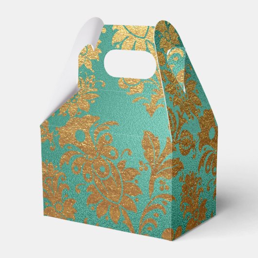Blauwgroen en Goud Bloemen Damask Bedankdoosjes (Voorkant Zijde)