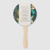 Blauwgroen en Goud Bloemen Huwelijksprogramma Hand Handwaaier (Achterkant)