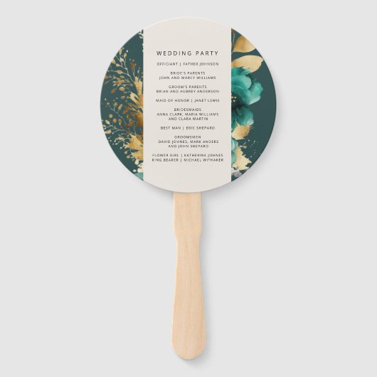 Blauwgroen en Goud Bloemen Huwelijksprogramma Hand Handwaaier (Achterkant)