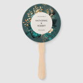 Blauwgroen en Goud Bloemen Huwelijksprogramma Hand Handwaaier (Voorkant)