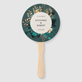 Blauwgroen en Goud Bloemen Huwelijksprogramma Hand Handwaaier