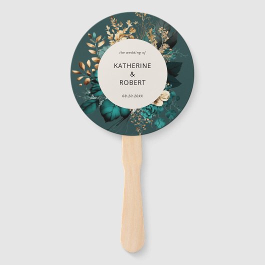 Blauwgroen en Goud Bloemen Huwelijksprogramma Hand Handwaaier (Voorkant)