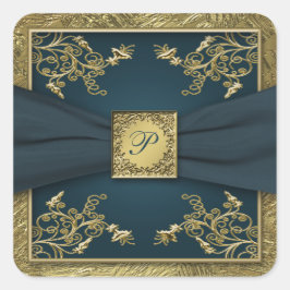 Blauwgroen en Goud Bloemen Monogram Bruiloft Stick Vierkante Sticker