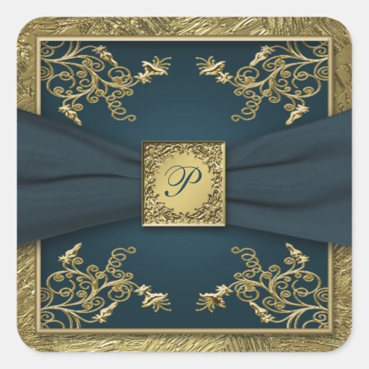 Blauwgroen en Goud Bloemen Monogram Bruiloft Stick Vierkante Sticker (Voorkant)