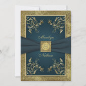 Blauwgroen en Goud Bloemen Monogram Bruiloft Uitno Kaart (Voorkant)