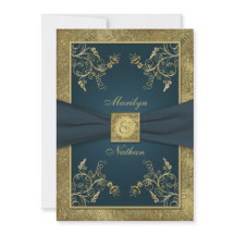 Blauwgroen en Goud Bloemen Monogram Bruiloft Uitno