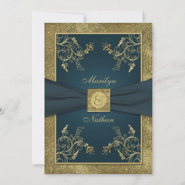 Blauwgroen en Goud Bloemen Monogram Bruiloft Uitno Kaart