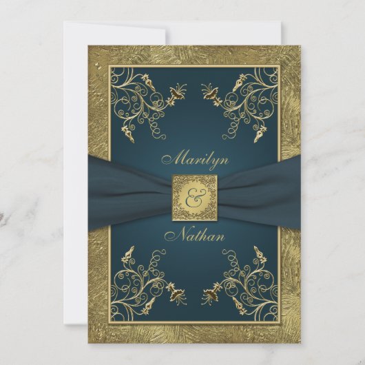 Blauwgroen en Goud Bloemen Monogram Bruiloft Uitno Kaart (Voorkant)