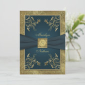 Blauwgroen en Goud Bloemen Monogram Bruiloft Uitno Kaart (Staand voorkant)