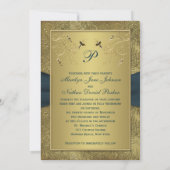 Blauwgroen en Goud Bloemen Monogram Bruiloft Uitno Kaart (Achterkant)