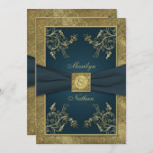 Blauwgroen en Goud Bloemen Monogram Bruiloft Uitno Kaart (Voorkant / Achterkant)