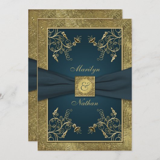 Blauwgroen en Goud Bloemen Monogram Bruiloft Uitno Kaart (Voorkant / Achterkant)