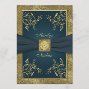 Blauwgroen en Goud Bloemen Monogram Bruiloft Uitno Kaart