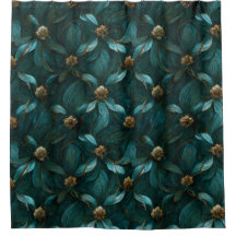 Blauwgroen en Goud Bloemen Patroon Douchegordijn