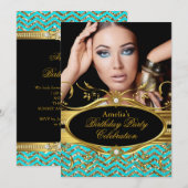 Blauwgroen en goud Chevron Diamond Foto van Birthd Kaart (Voorkant / Achterkant)