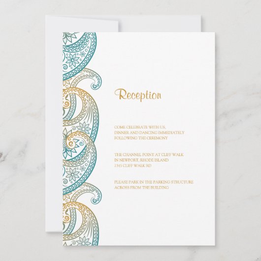 Blauwgroen en Goud Indiase Paisley Bruiloft Recept Kaart (Voorkant)