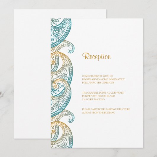 Blauwgroen en Goud Indiase Paisley Bruiloft Recept Kaart (Voorkant / Achterkant)