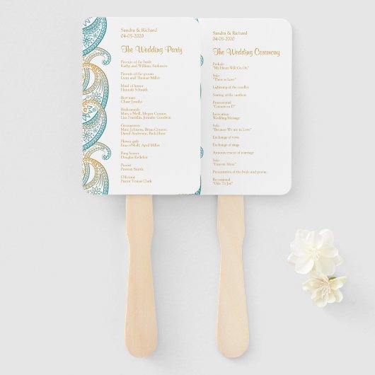 Blauwgroen en Goud Indisch Paisley Trouwprogramma Handwaaier (Voorkant en achterkant)
