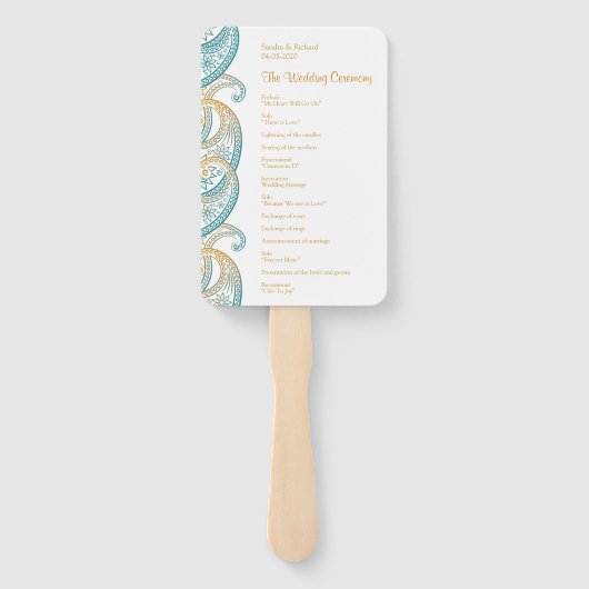 Blauwgroen en Goud Indisch Paisley Trouwprogramma Handwaaier (Achterkant)
