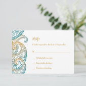 Blauwgroen en Goud Indische Paisley Bruiloft RSVP Kaartje (Staand voorkant)